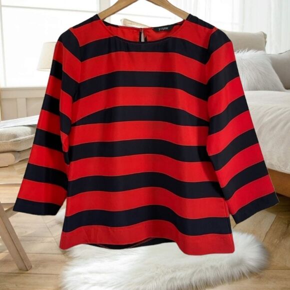 J. CREW SILKY WIDE STRIPE RED NAVY BLUE NAUTICAL BOATNECK BLOUSE 3/4 SLEEVES SMA - Picture 4 of 9